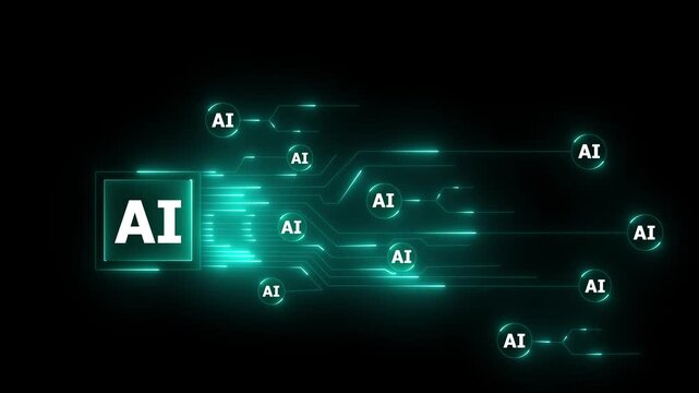 Futuristic Artificial Intelligence Network with Glowing Circuit Lines and Digital Data Flow on Black Technology Background. Animation of 4k video.