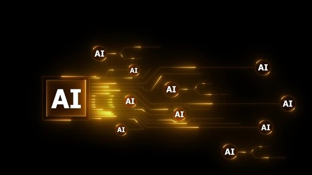 Futuristic Artificial Intelligence Network with Glowing Circuit Lines and Digital Data Flow on Black Technology Background. Animation of 4k video.