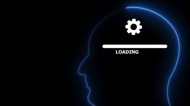 Neon human head silhouette with loading bar and gear with arrows icon on Black background abstract brain icon Animation. 4k motion video.