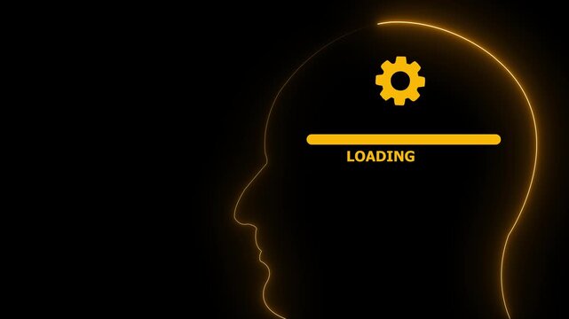Neon human head silhouette with loading bar and gear with arrows icon on Black background abstract brain icon Animation. 4k motion video.