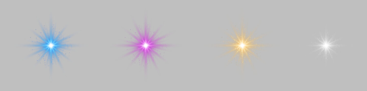 Bright glittering sparkle star particle with glowing burst blue, purple, golden, white radiant twinkle particles effect for Christmas party decoration, festive magic light transparent overlay
