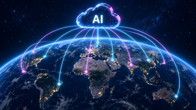 Global AI Artificial Intelligence Cloud Computing Network Over Earth Concept