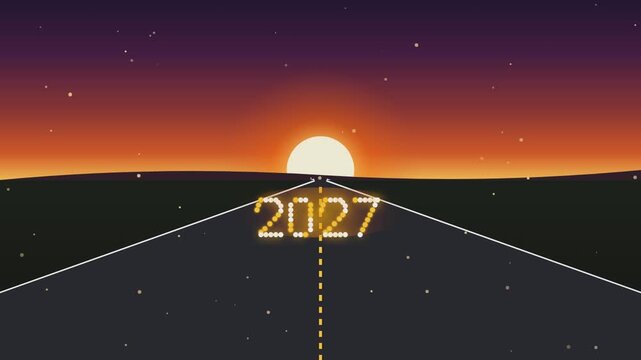 Future year 2027 concept stock video footage. Glowing yellow text on dark highway road. Sunset horizon with orange sky and stars. Seamless loop clip for digital projects