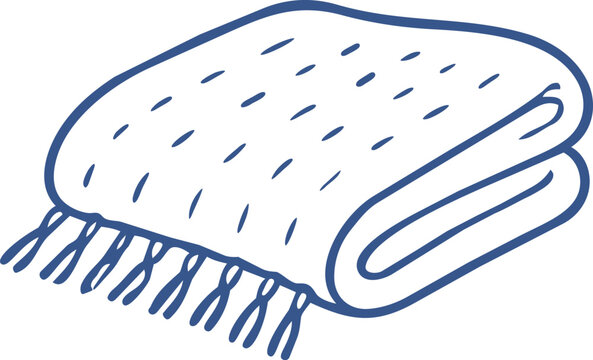 A folded textile blanket with tassels illustrated in a simple blue line art drawing style isolated with tassels edge rendered