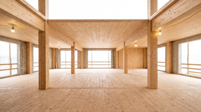 Exposed Mass Timber Structure with CLT Panels and Glulam Columns, Building Interior