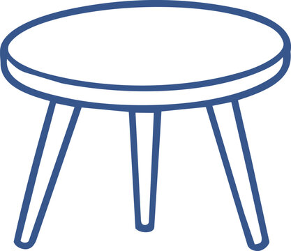 Minimalist blue line art illustration of a round wooden coffee table with three legs on a clean white background with graphic