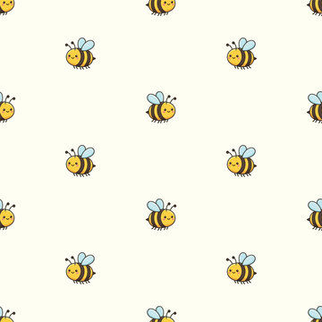 Cute Cartoon Bee Seamless Pattern Flying on Cream Background