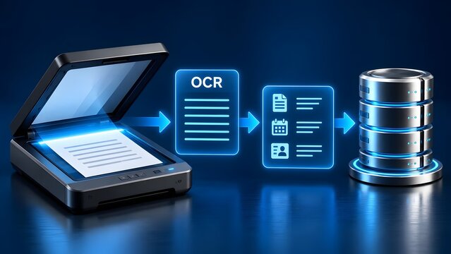 Optical Character Recognition OCR Document Scanning and Database Storage Concept