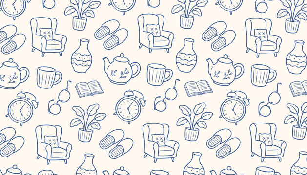 Seamless pattern with hand drawn home interior items on a light background with illustrations armchairs plants drawn line