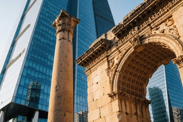 Obraz premium Ancient stone arch and column stand before a modern glass skyscraper. This contrast shows old world history merging with new city development. The buildings reflect each other in this urban scene.