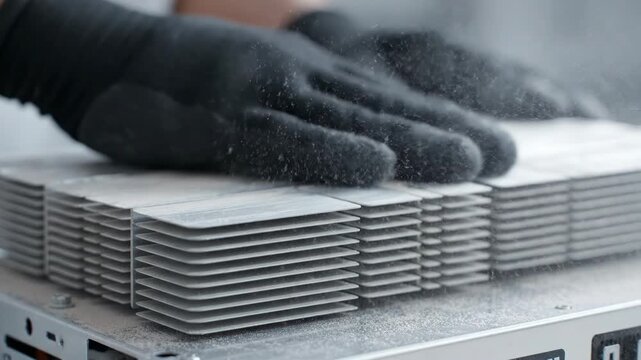 Technician hand glove dust cleaning heat sink metal plate maintenance worker gently cleaning dusty metal heat sink fin computer repair maintenance