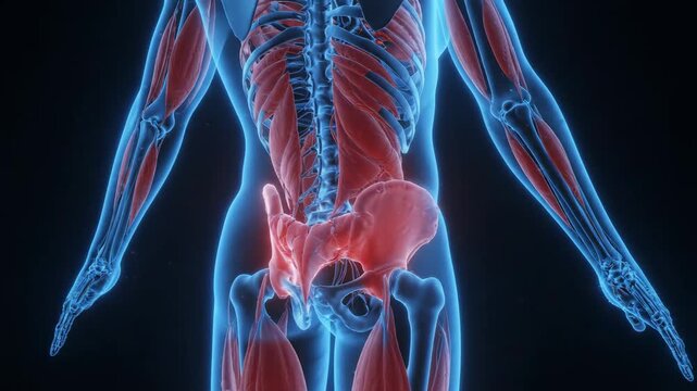 High-quality 3D render of human pelvic muscles and skeletal structure with detailed lighting ideal for medical education presentations and healthcare marketing materials.