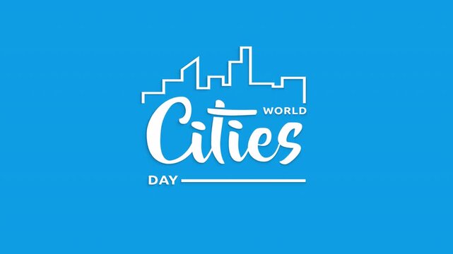 World cities day text animation on the blue screen alpha channel. Great for promotion, travelling and social media post