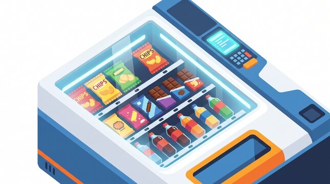 Isometric Vending Machine Illustration Featuring Various Snacks and Refreshing Beverages for Automated Retail Service and Convenience Store Concepts