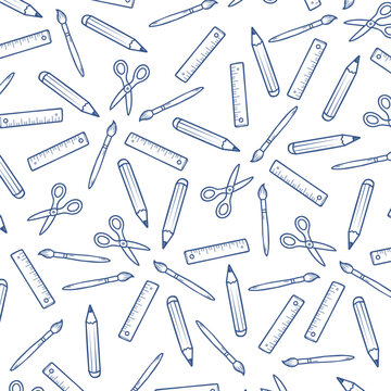 Seamless pattern of blue outline school supplies including pencils ruler's paintbrushes and scissors on white background
