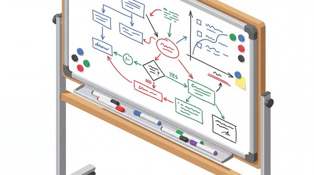 Isometric whiteboard presentation featuring a complex project management flowchart with various data diagrams for business strategy and corporate planning