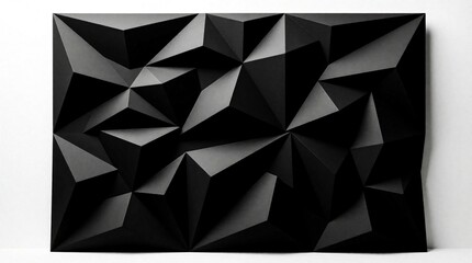 Fototapeta premium Black geometric panel with faceted surfaces creates abstract 3D wall art. Modern textured backdrop offers dramatic shadow play for interior design concepts.