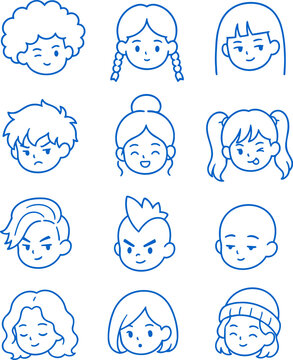 A collection of twelve diverse cartoon faces with different hairstyles and expressions in blue line art with cartoon heads