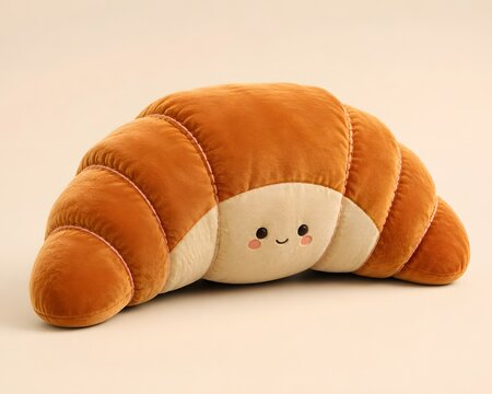 Cute croissant plush toy with smiling face on a soft cream background