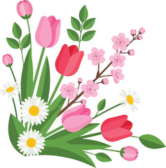 Obraz premium Colorful floral arrangement with tulips daisies and cherry blossoms isolated on transparent background