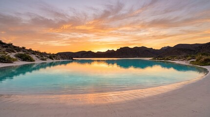 Obraz premium Beautiful sunset over a calm tropical lagoon with soft golden light reflecting on the water surface