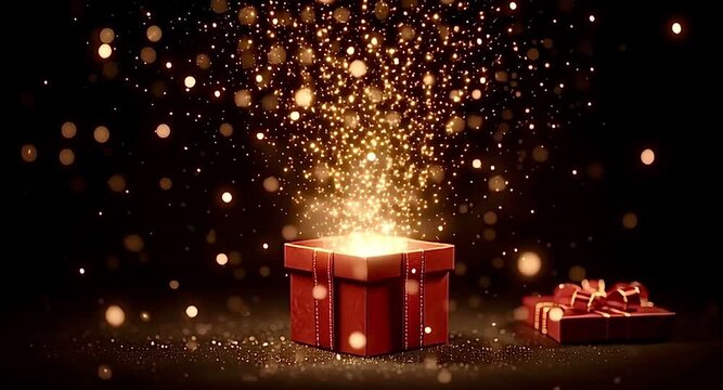 Shiny golden particles and glittering lights magically emerging from an opening red gift box on a dark background, symbolizing a festive surprise, celebration, and the spirit of giving