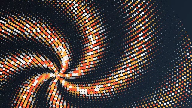 Abstract spiral pattern of orange and white circles on a dark background, creating a dynamic vortex effect with a halftone dot gradient style