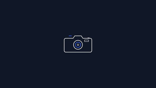 A clean, minimalist line icon animation of a camera drawing itself with an interactive flash shutter snap effect fully controlled by JavaScript within a smooth 6-second loop.