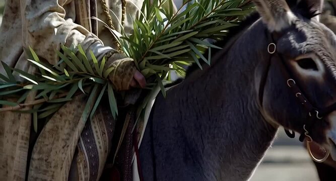 Representation of jesus christ's triumphal entry into jerusalem, riding a donkey while holding palm branches during a historical reenactment procession on palm sunday through the city streets