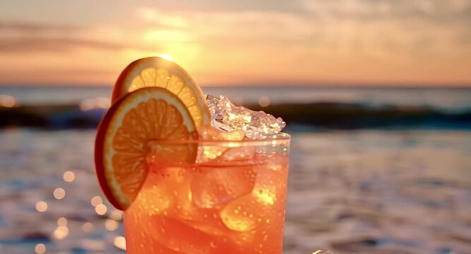 Delicious aperol spritz cocktail in a glass with ice cubes and an orange slice sitting on a wooden surface