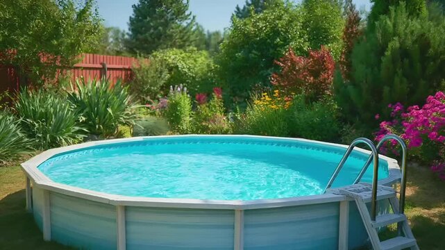 Summer hot vibe lifestyle. A vivid outdoor scene features a round, blue swimming pool surrounded by lush greenery and colorful flowers. The pool is in the center of the image.
