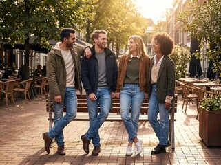 Fototapeta premium Happy group of friends standing together outdoors in a sunny city street with group of people