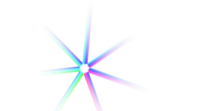Radiant star shape formed by glowing neon light sticks in blue, green, and magenta colors isolated on a transparent background