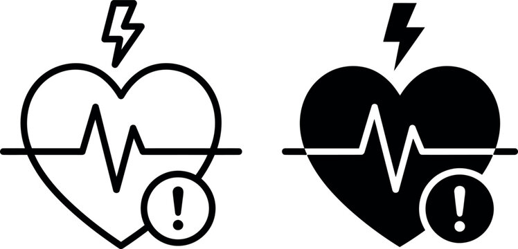 Two black and white icons representing heart health issues and emergency medical warning signs