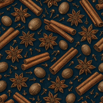Autumn baking spice seamless pattern with cinnamon star anise nutmeg and cloves on deep petrol blue