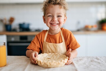 Fototapeta premium Smiling child holding homemade pie in kitchen for family baking background and recipe blog banner