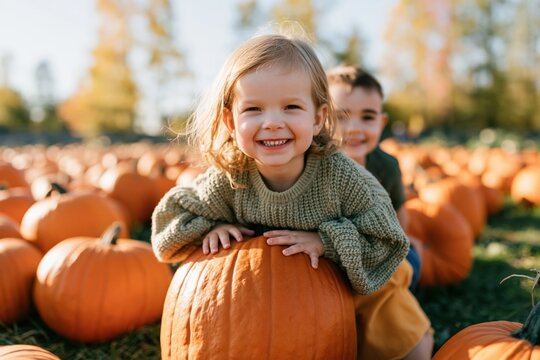 Smiling toddler leaning on a large pumpkin in a pumpkin patch for autumn halloween background and seasonal banner design