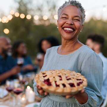 Smiling senior woman holding cherry lattice pie outdoors at an evening dinner gathering for banner and social media design