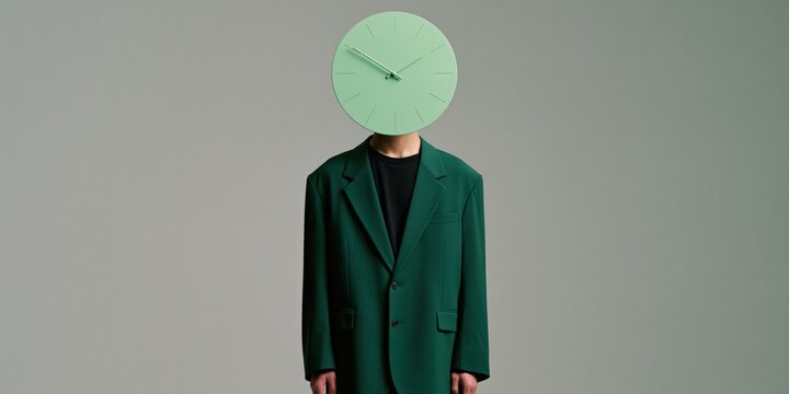 Surreal portrait with mint green clock face replacing head wearing dark green suit for minimalist poster and banner design