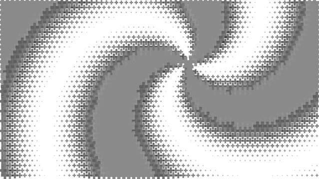 Abstract spiral pattern with black and grey interlocking plus sign shapes creating a hypnotic vortex effect on a dark background texture