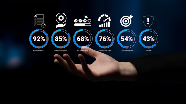 A hand reaching out displays performance metrics alongside various data visualization icons. Ideal for business and strategy themes, highlighting progress and analysis. Nascent