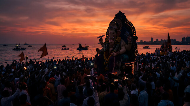 Devotees celebrating ganesh visarjan festival at sunset on the beach in mumbai, india