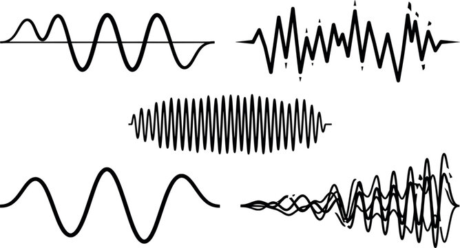 Set of various sine and complex waveform signal line art