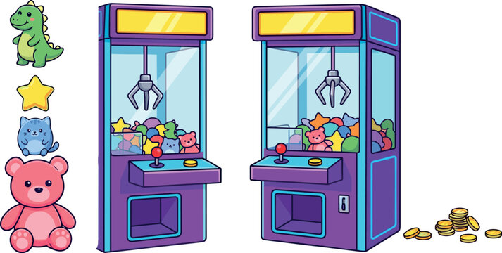 Arcade Claw Machine Icon Set with Purple Crane Games Stuffed Animals Teddy Bear Dinosaur Toy Cat Star and Gold Coins for Amusement Designs