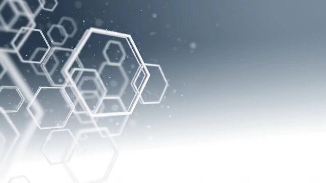 Glowing white 3D hexagons and floating particles on an abstract blue gradient background
