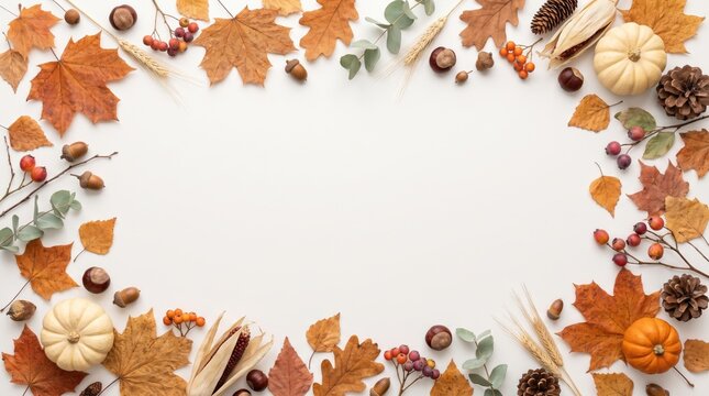 Autumn background flat lay border frame isolated on white background, thanksgiving concept, copy space