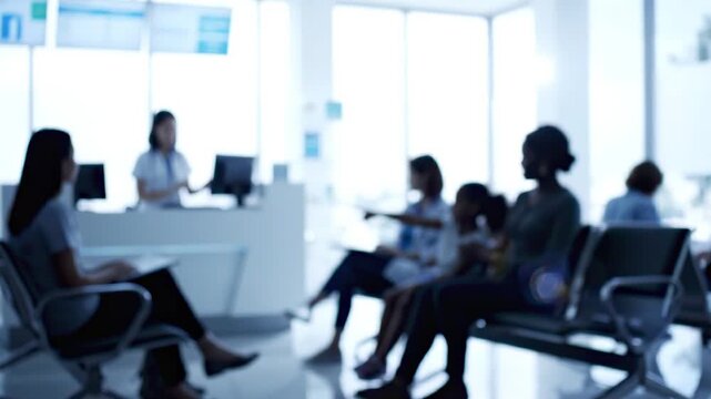 Blurred background of patients sitting in medical clinic waiting room near reception desk