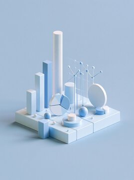 3d rendering of a futuristic and abstract composition. it is made up of various geometric shapes and objects in a light blue color.