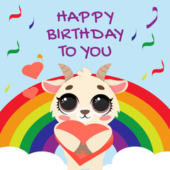 Fototapeta premium Happy birthday card with cute goat, colorful rainbow, clouds and falling confetti elements