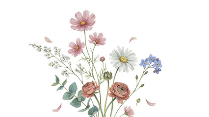 Fototapeta premium Delicate watercolor bouquet with pink cosmos and white daisies isolated on a transparent background